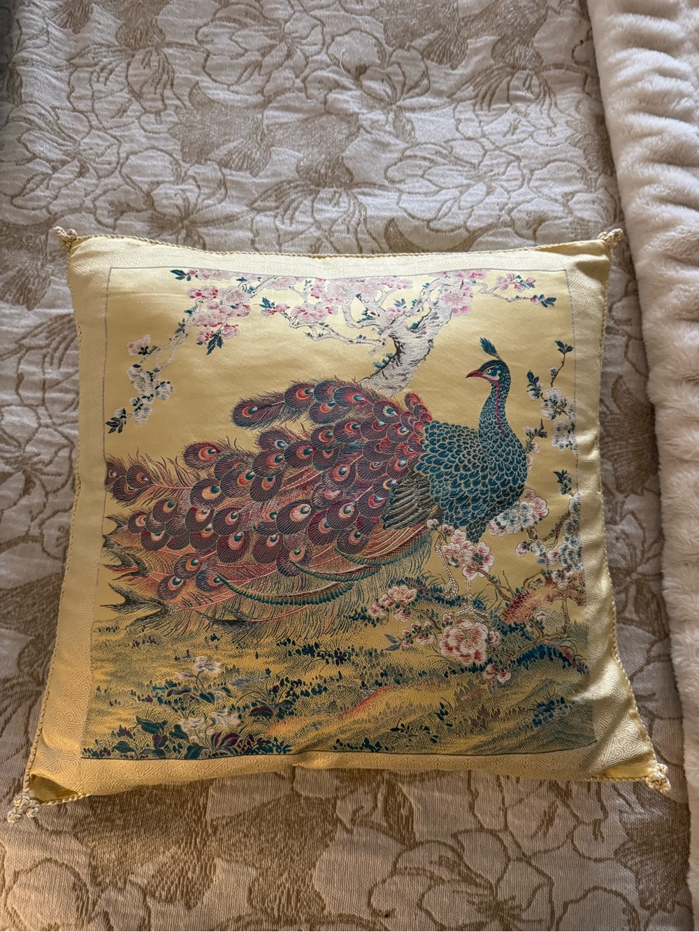 Vintage Asian Embroidered Silk Pillow Floral peacock Chinoiserie 17x17
